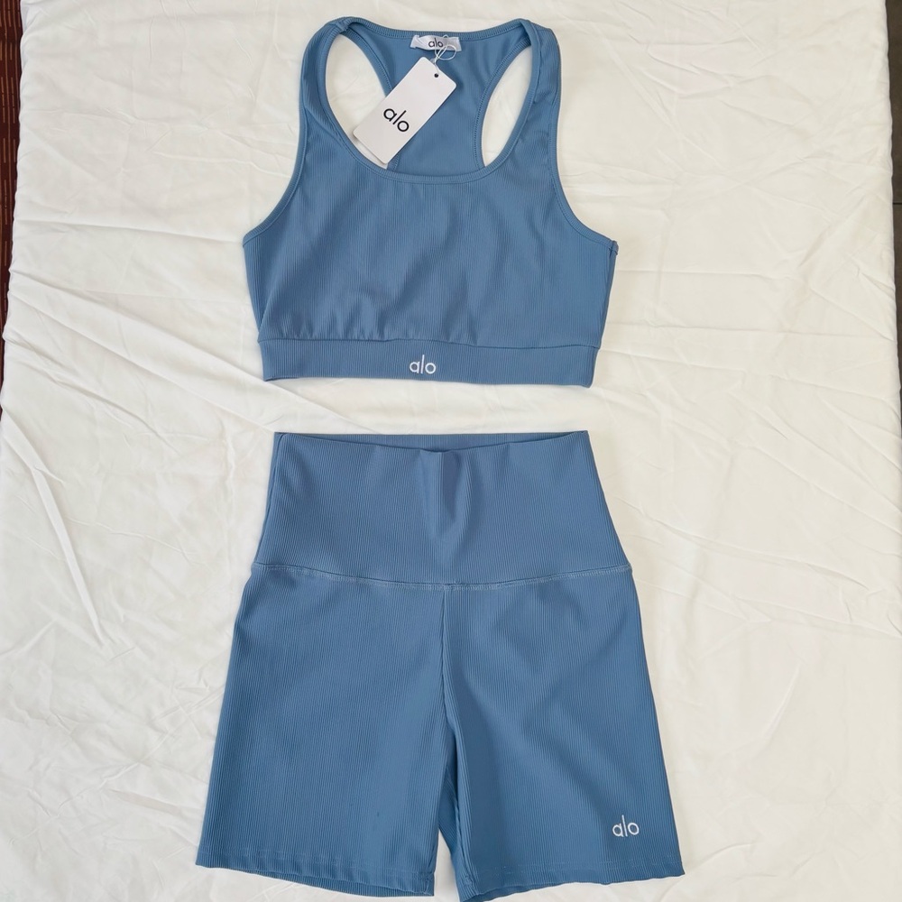 ALO Yoga Blue Ribbed Sports Bra & High-Waist Biker Shorts Set
